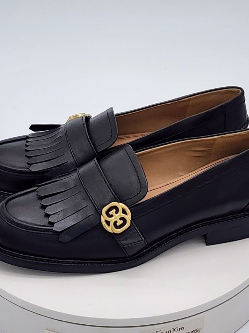 Black Leather Fringe Loafers with Gold Accent - Picture 5 of 9